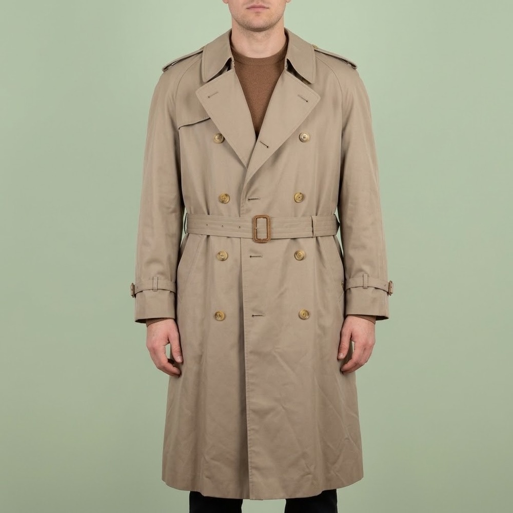 Adolfo Mens Vintage Double Breasted Belted Trench Coat Beige EUC